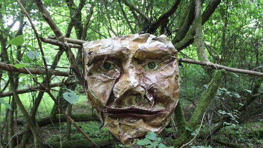Fast chamäleonartig an die Umgebung angepasst: ein Gesicht im Wald.