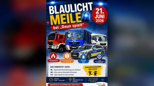 Werbeplakat für die Blaulichtmeile mit abgebildeten Fahrzeugen der Feuerwehr, THW, DRK und Polizei. Werbeplakat für die Blaulichtmeile mit abgebildeten Fahrzeugen der Feuerwehr, THW, DRK und Polizei.