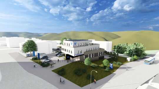 Diese Visualisierung zeigt den geplanten Neubau der Raiffeisenbank Mehr auf dem Zeller Barl. Wenn die Baugenehmigung erteilt ist