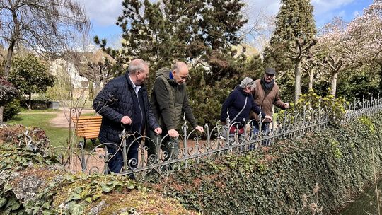 Blechschmidt (von links), Foos, Jenemann und May betrachteten auch das wild wuchernde Efeu an den Mauern am Wassergraben vor dem
