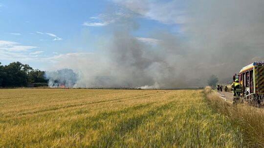 Die Feuerwehr hat am Sonntag einen Flächenbrand zwischen Planig und Bosenheim gelöscht. Die Hitze machte den Einsatzkräften zu s
