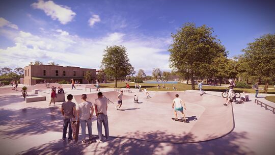 So soll der Sportpark im Süden von Limburg im Sommer 2027 aussehen, mit der Skateranlage im Vordergrund und dem neuen Jugendzent