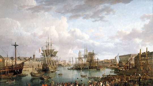 Das 1791 entstandene Gemälde von Jean-Francois Hue stellt den Kriegshafen von Brest in der Bretagne dar. Die französische Marine