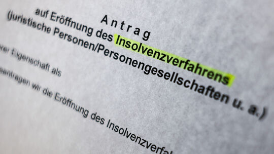 Das Wort Insolvenzverfahren ist auf einem Formular für einen Insolvenzantrag für Personengesellschaften und juristische Person u