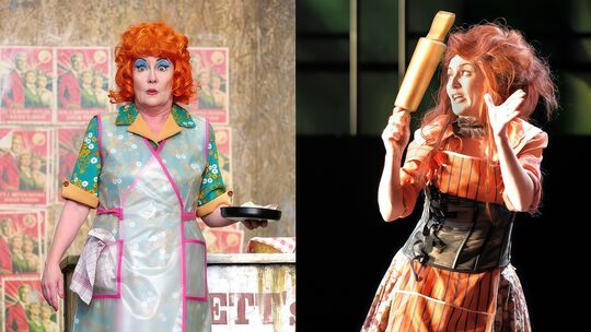 Raphaela Crossey als Mrs. Lovett im Musical "Sweeney Todd" in Koblenz: links in der aktuellen Freiluftproduktion des Theaters Ko
