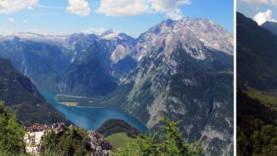 Bildkombo Königssee in Bayern (l) und Geirangerfjord in Norwegen