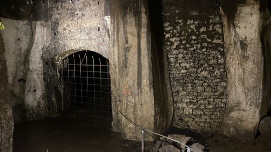 Die Mendiger Felsenkeller sind ausschließlich im Rahmen offizieller Führungen zugänglich. Absperrungen begrenzen das für die Bes Die Mendiger Felsenkeller sind ausschließlich im Rahmen offizieller Führungen zugänglich. Absperrungen begrenzen das für die Bes