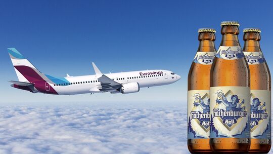 Sie fliegen jetzt gemeinsam: Flugzeuge der Lufthansa-Tochter Eurowings und Flaschen des Hachenburger Hell. Die Biersorte der Wes