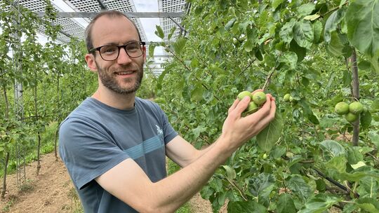 Obstbauer Christian Nachtwey hat schon rund 400 Besuchergruppen durch die Agri-PV-Anlage in Gelsdorf im Landkreis Ahrweiler gefü