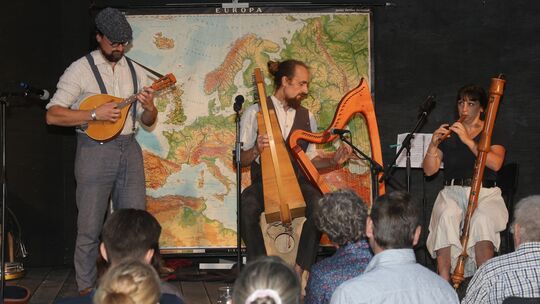 Das Trio Mayenspil sind die Geschwister Matthias May (Geige, Mandoline, Banjo, Cister) Lukas May (Harfen) und Anna May (Blockflö Das Trio Mayenspil sind die Geschwister Matthias May (Geige, Mandoline, Banjo, Cister) Lukas May (Harfen) und Anna May (Blockflö