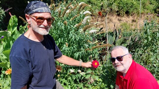 Der Erpeler Dahlienzüchter Bernd Walbrück (links) und sein Ehemann Holger Walbrück mit der neuesten Dahlienzüchtung, die die anh