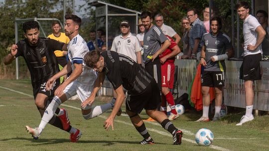 Viele Zweikämpfe prägten das erste Landesliga-Spiel der SG Weinsheim seit 27 Jahren. In dieser Szene stoppen Zein Jalkama (links Viele Zweikämpfe prägten das erste Landesliga-Spiel der SG Weinsheim seit 27 Jahren. In dieser Szene stoppen Zein Jalkama (links