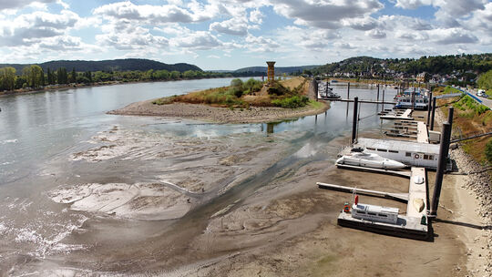 Viel Schlick gibt es an der Einfahrt des Rheinhafens in Oberwinter momentan zu sehen.