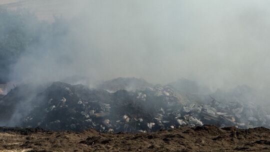 Das Feuer löst einen verherrenden Schaden in dem Biomasse-Lager in Ochtendung aus. In dem Rindenmulch verbergen sich zahlreiche