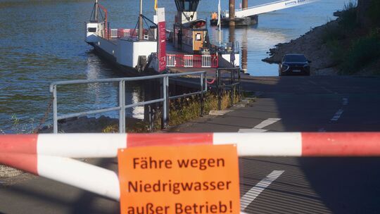 Die Rheinfähre bei Kaub hat wegen des Niedrigwassers vorerst den Bedtrieb eingestellt. Der Pegelstand am Freitagmittag: sieben Z Die Rheinfähre bei Kaub hat wegen des Niedrigwassers vorerst den Bedtrieb eingestellt. Der Pegelstand am Freitagmittag: sieben Z