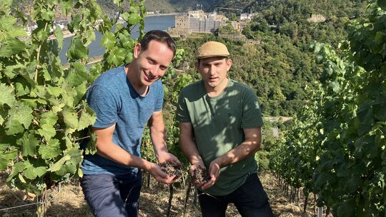 Martin (links) und Thomas Philipps bringen unter anderem Häckselmaterial von Strauchschnittplätzen in ihre Weinberge ein, um die