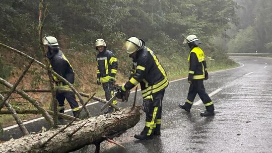 Unwetterfolgen: Die Freiwillige Feuerwehr Büchel beseitigt einen umgestürzten Baum auf der L100 im Martental zwischen Schöne Aus