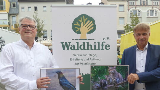 Auf dem Kornmarkt wiesen Hansjörg Rehbein (links) und Andreas Hofmann auf den besonderen Wert des Stadtwaldes für Menschen und T