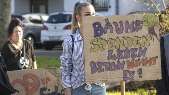 Einige Demonstranten hatten Plakate mitgebracht, um ihre Kritik an einem möglichen Kreisverkehr am Hachenburger Burggarten auszu