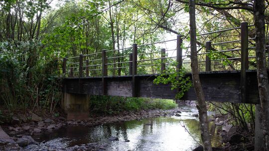 Die Holzbrücke, über die der Nahesteig über die Heimbach verläuft, ist baufällig und gesperrt. Da von angrenzenden Regenrückhalt