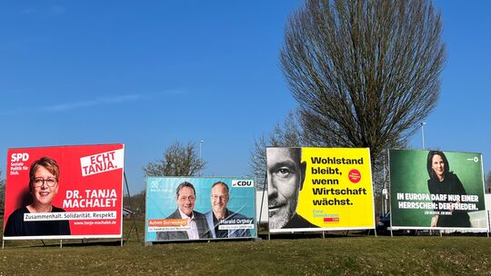 Wahlplakate am Kreisel der Kannenbäckerstraße in Wirges vor der Bundestagswahl 2025: Künftig wird womöglich per Satzung geregelt