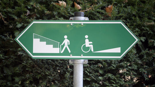 Ein Schild weist darauf hin, dass Fußgänger links eine Treppe und Rollstuhlfahrer rechts eine Auffahrt benutzen können. Menschen