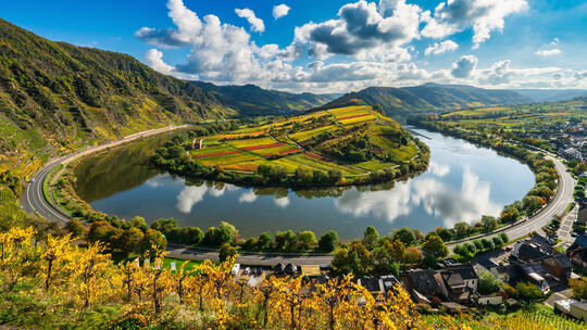 Es wird Herbst in Rheinland-Pfalz, die Weintrauben sind gelesen, die Landschaft färbt sich bunt – wie hier an der Mosel. Die Sti Es wird Herbst in Rheinland-Pfalz, die Weintrauben sind gelesen, die Landschaft färbt sich bunt – wie hier an der Mosel. Die Sti