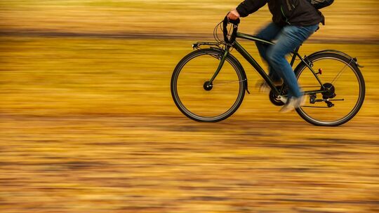 Ein Fahrradfahrer fährt auf einer Straße mit Herbstblättern