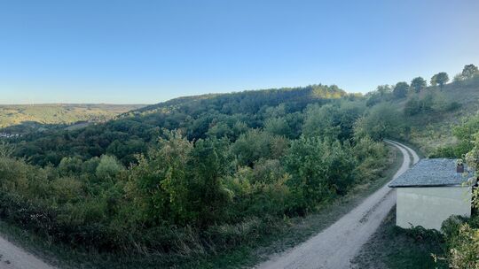 Der Blick vom Altenbamberger Rotenberg ins Alsenztal und hinüber zur Altenbaumburg und zur Burgruine Treuenfels.