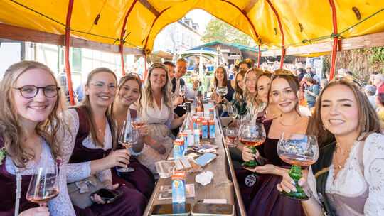 Die Weinmajestäten im Planwagen