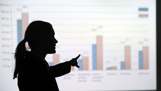 Eine Frau erklärt eine Statistik.