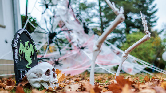 Mit Skeletten und Riesenspinnen haben die Hausbewohner ihr Haus zu Halloween dekoriert. Die Halloween-Tradition stammt aus dem a