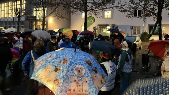 Mehr als 80 Menschen hatten sich zur Mahnwache gegen den AfD-Bürgerdialog vor der Göttenbach-Aula in Idar-Oberstein versammelt.